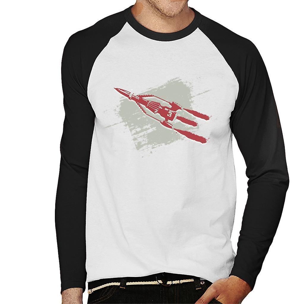 Thunderbirds 3 Space Rocket Graphic Men's Baseball Long Sleeved T-Shirt White/Black Large