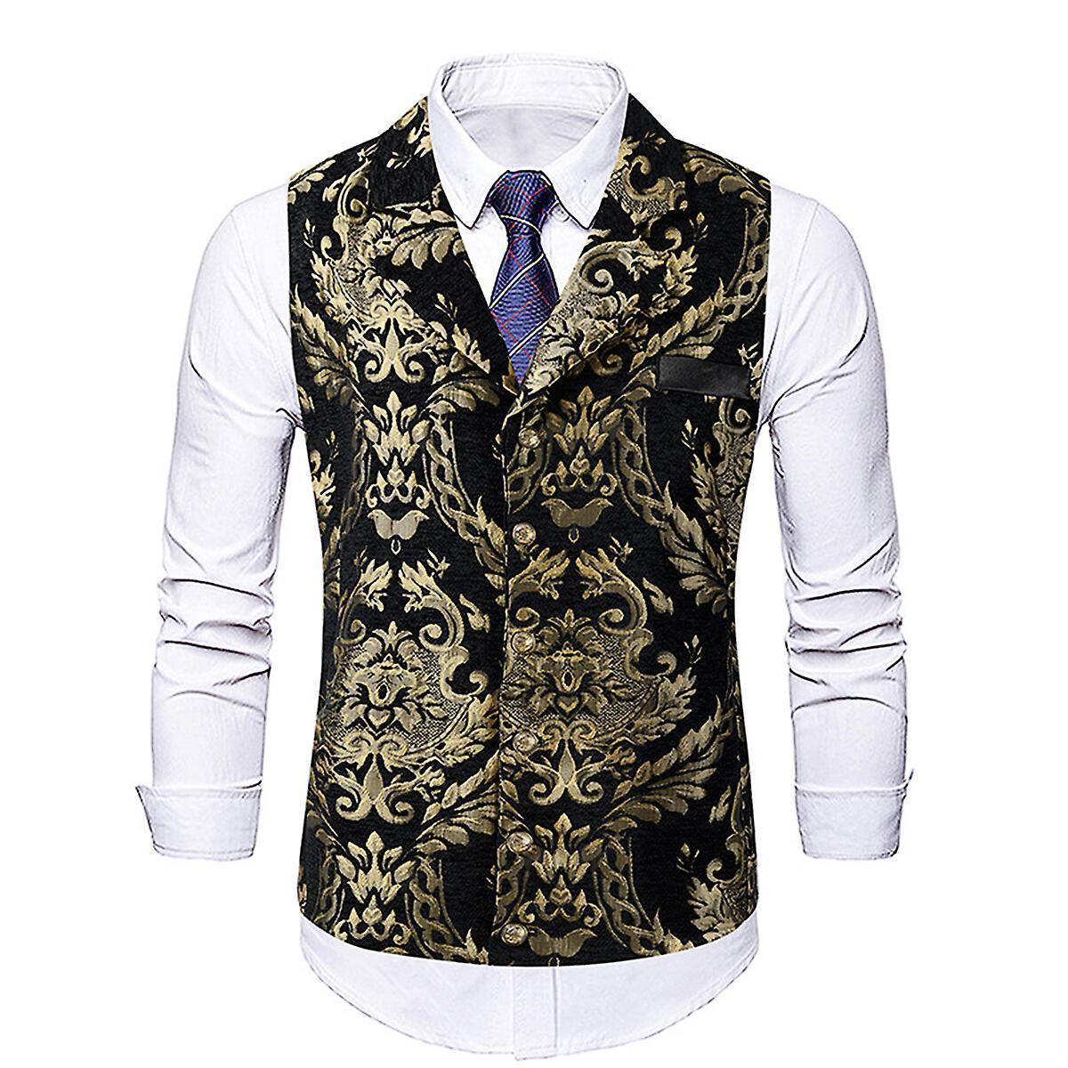 Allthemen Men's Formal Waistcoat  Luxury Jacquard Single Breasted Slim Fit Suit Vest Black 3XL