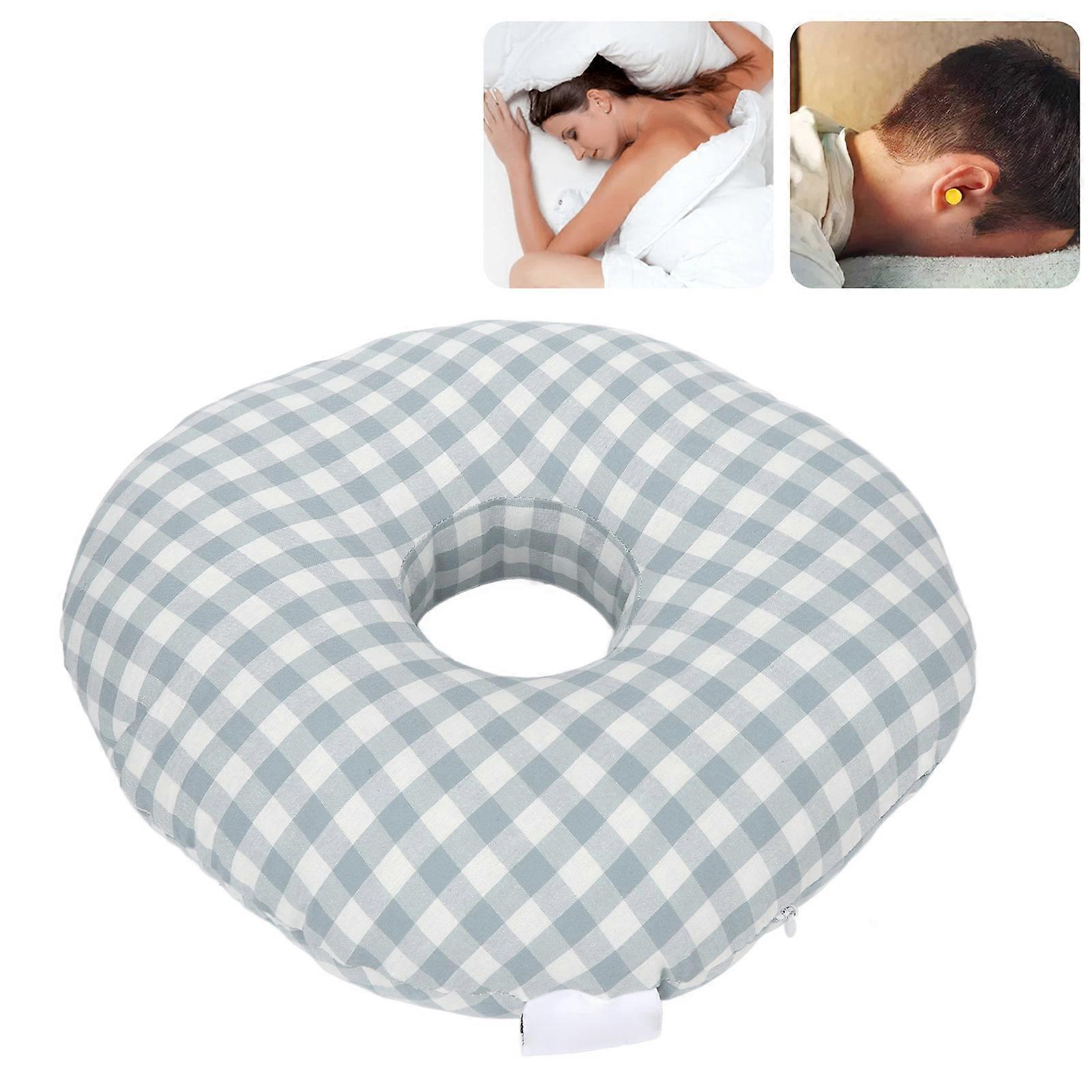 Rhafayre Blue grid single-hole ear pillow with holes for ear protection, pillow core for side sleeping, non-pressure ear and cervical spine pillow