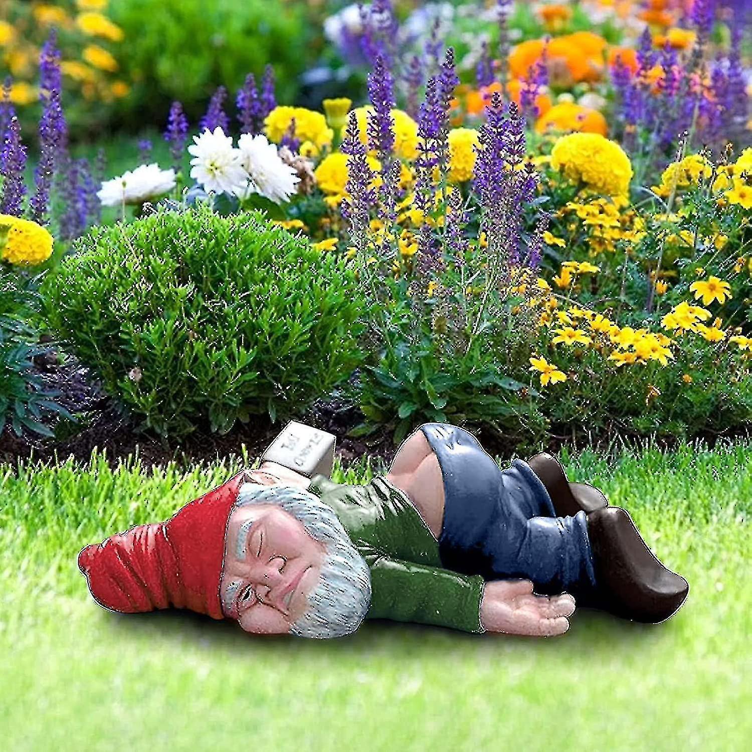 Hxetlv Drunk Dwarf, Flocked Ornaments Outdoor Garden Statue, Waterproof Resin Garden Figurine