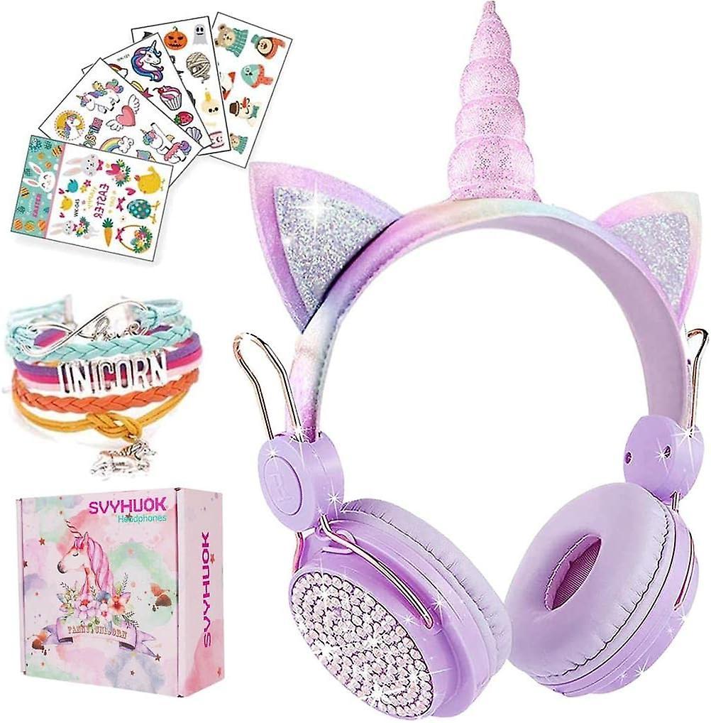 Bean Unicorn Kids Bluetooth Headphones For Girls, Wireless Headphones With Microphone For Teens, Safe Volume Limited 85db Pom Cat Ear Over-ear Head...