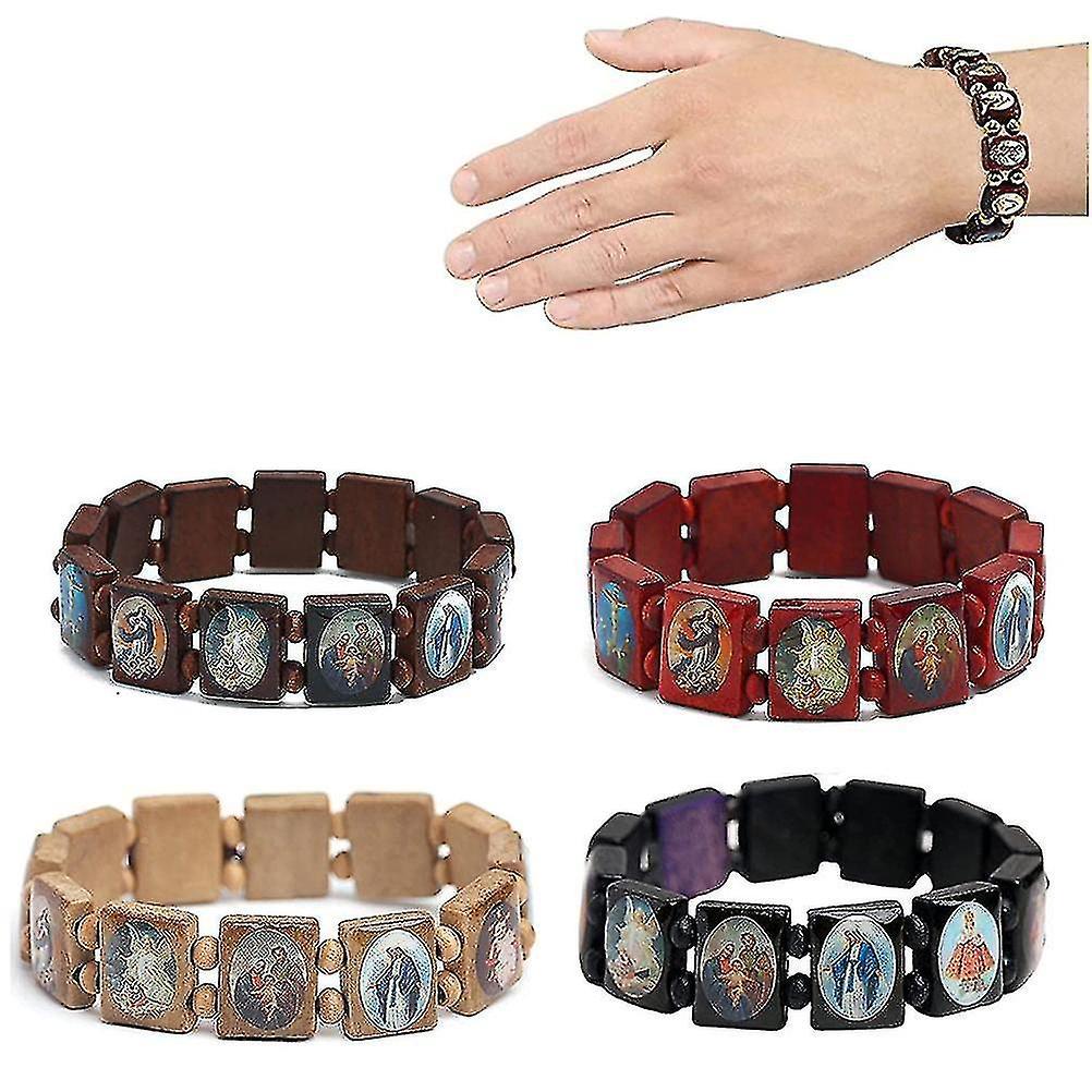 Bnetiza 4 Pcs Wooden Rosary Jesus Bracelet Elastic Stretch Bangle With Pictures Of Religious Saints Catholic Holy Gods Goddess Prayer Manifestation...