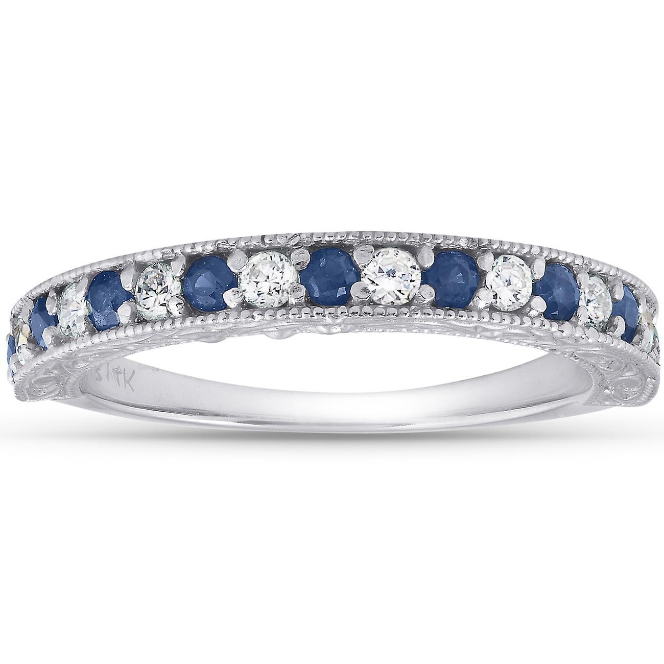 Pompeii3 1/2Ct Blue Sapphire & Diamond Wedding Ring Anniversary Stackable Band White Gold 8.5