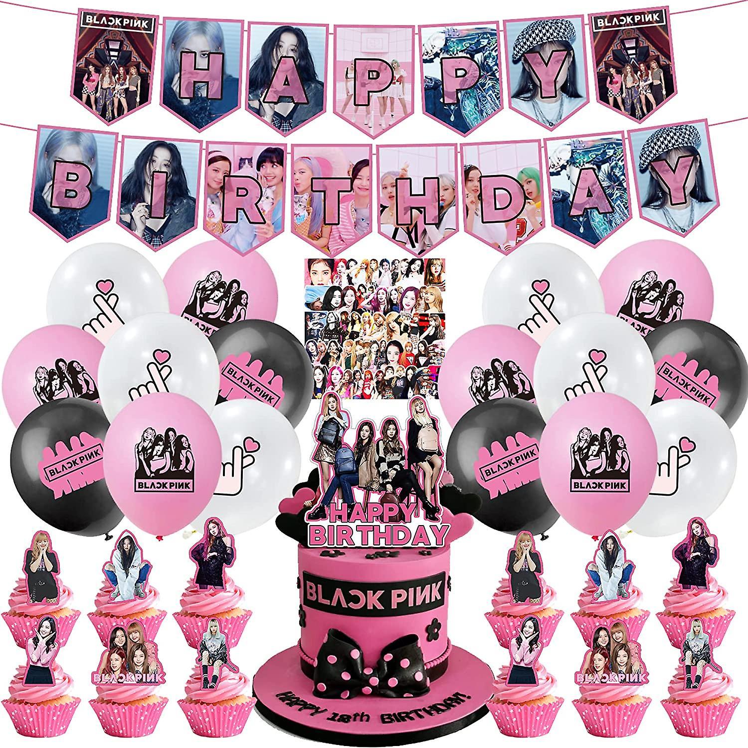 Heytea 102pcs Black Pink Birthday Decorations Black-pink Girls Party Supplies Include Birthday Banner, Cake Topper, Cupcake Toppers, Balloons, Stic...