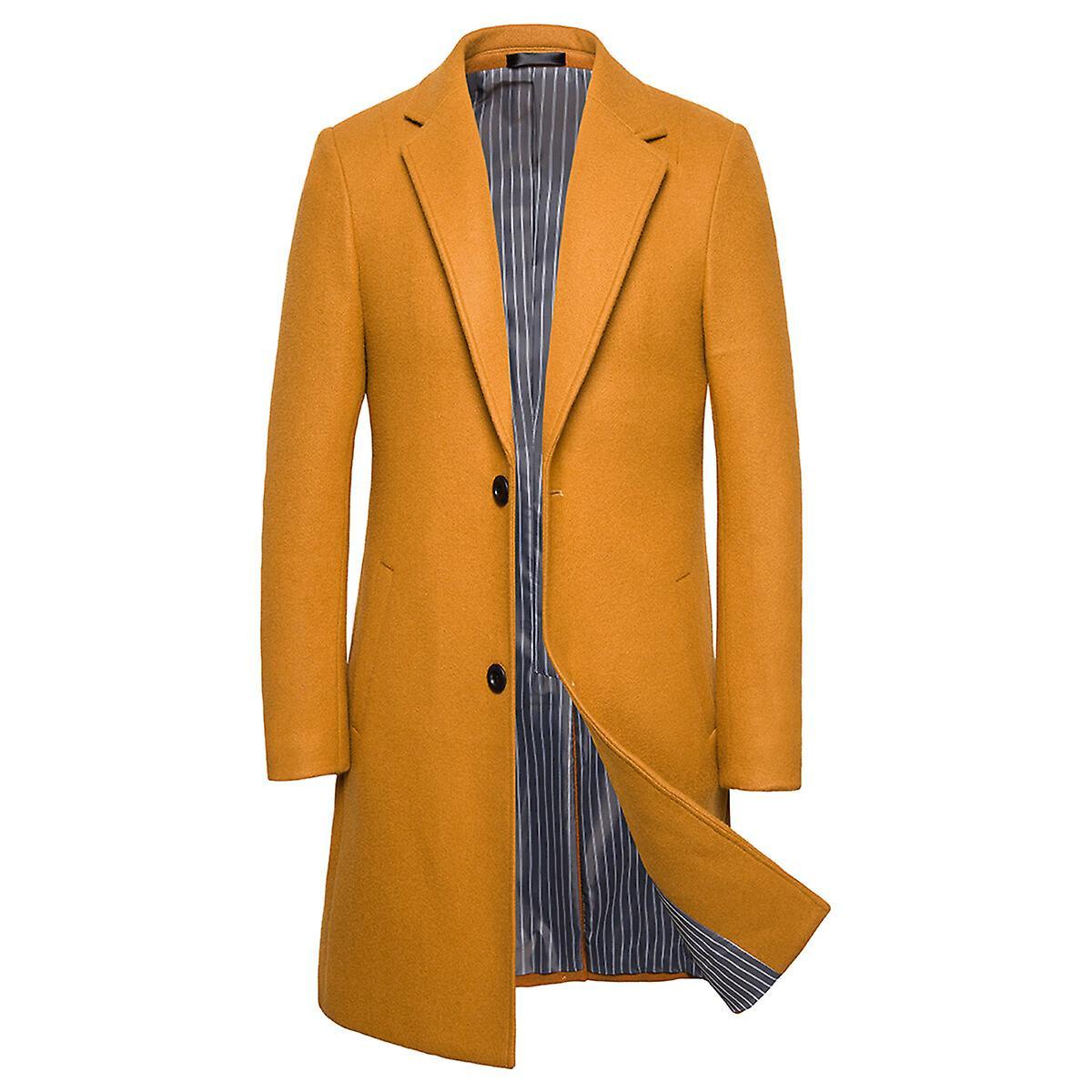 Allthemen Mens Thick Single-Breasted Mid-Length Slim Fit Solid Overcoat Yellow L