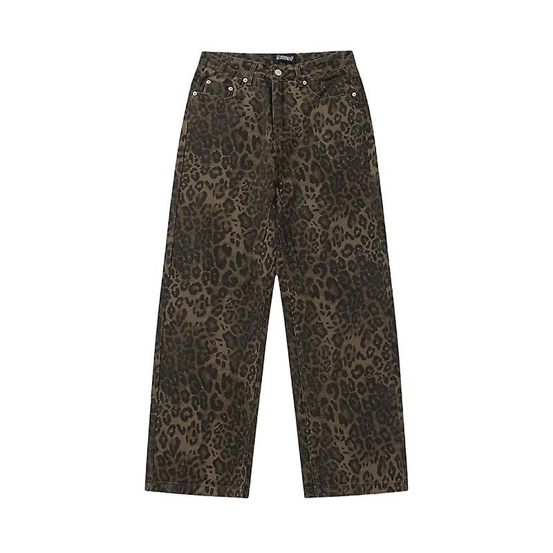 unbrand Tan Leopard Jeans Women Denim Pants Female Oversize Wide Leg Trousers leopard print S