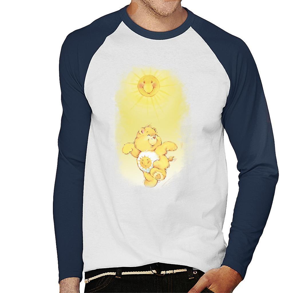 Care Bears Funshine Bear Dancing In The Sun Men's Baseball Long Sleeved T-Shirt White/Navy Medium