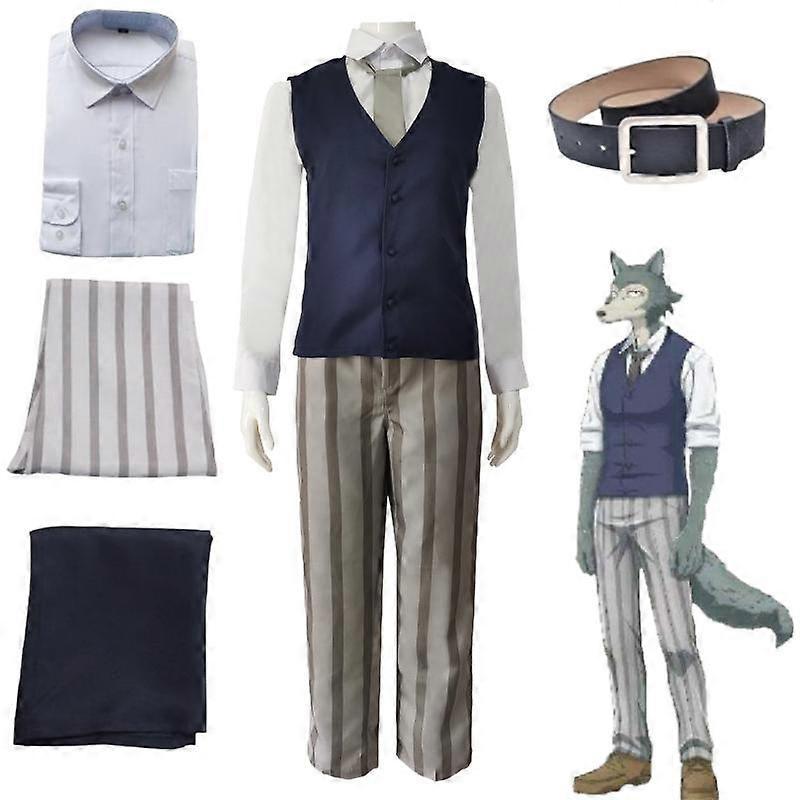 Ghygv Anime Beastars Legoshi Cosplay Costume Anthropomorphic Cinerous Wig with Blue Suit Accessories Outfit Legosi Halloween Uniform XL