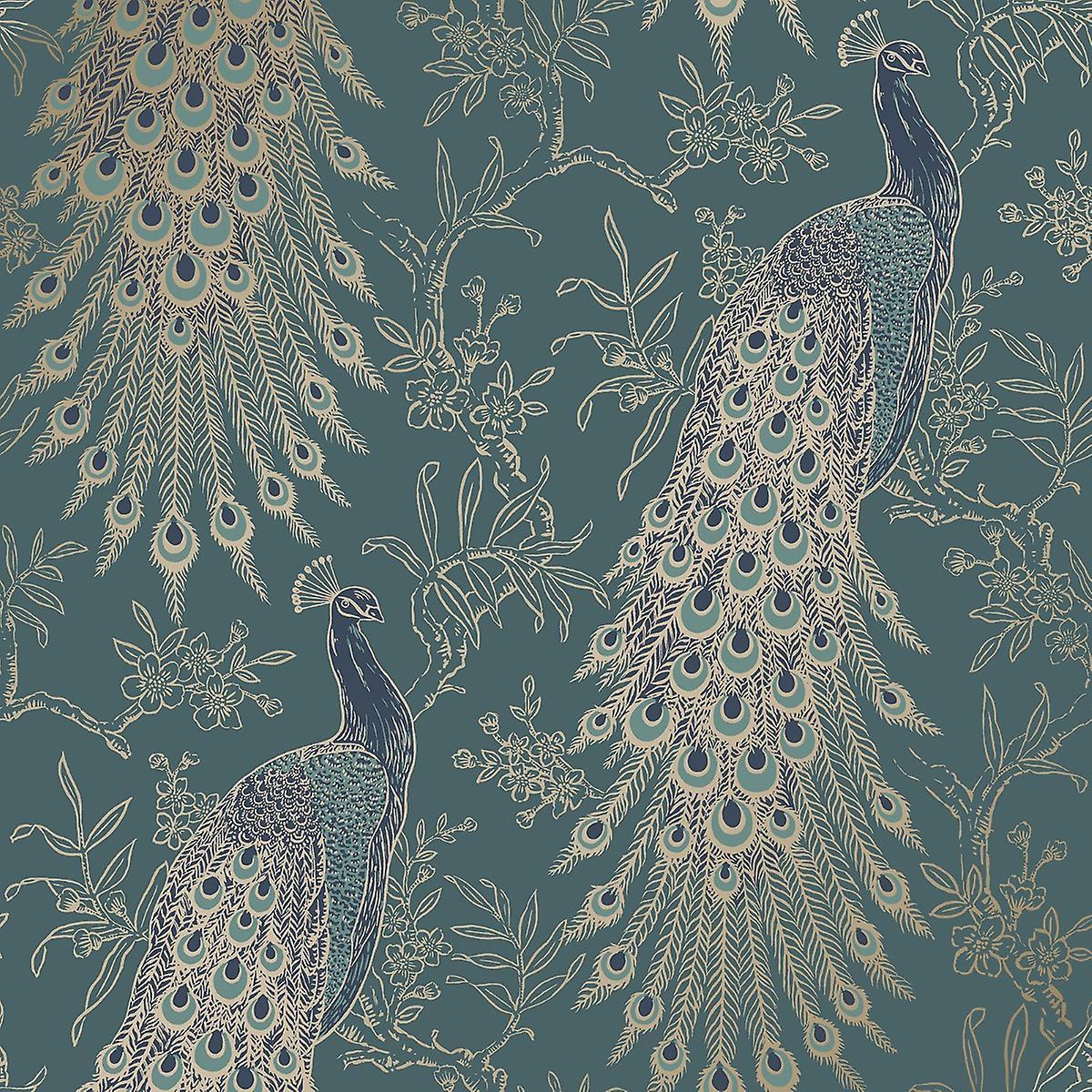 Peacock Wallpaper Emerald Green/Gold World of Wallpaper WOW040