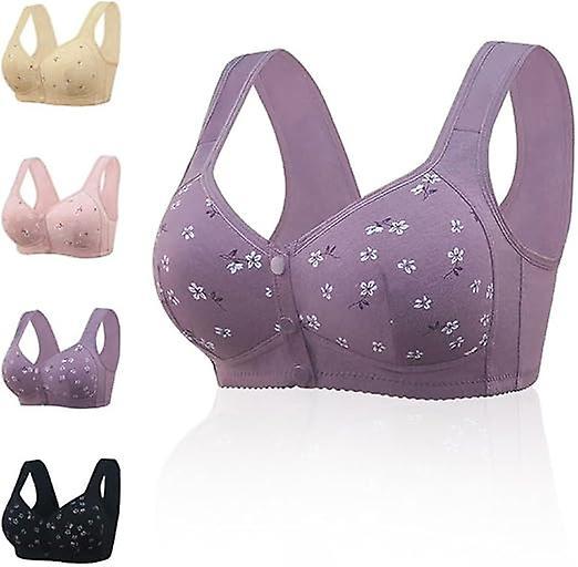 Frusde Daisy Bras For Older Women, Comfortable Convenient Front Close Button For Older Women No Wire, Front Buckle Bra Comfy Corset Bra Purple Size 42