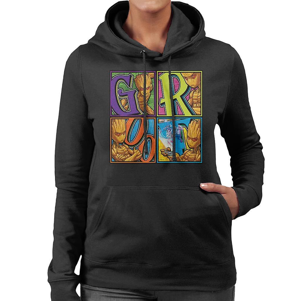 Marvel Guardians Of The Galaxy Teenage Groot Montage Women's Hooded Sweatshirt Black XX-Large