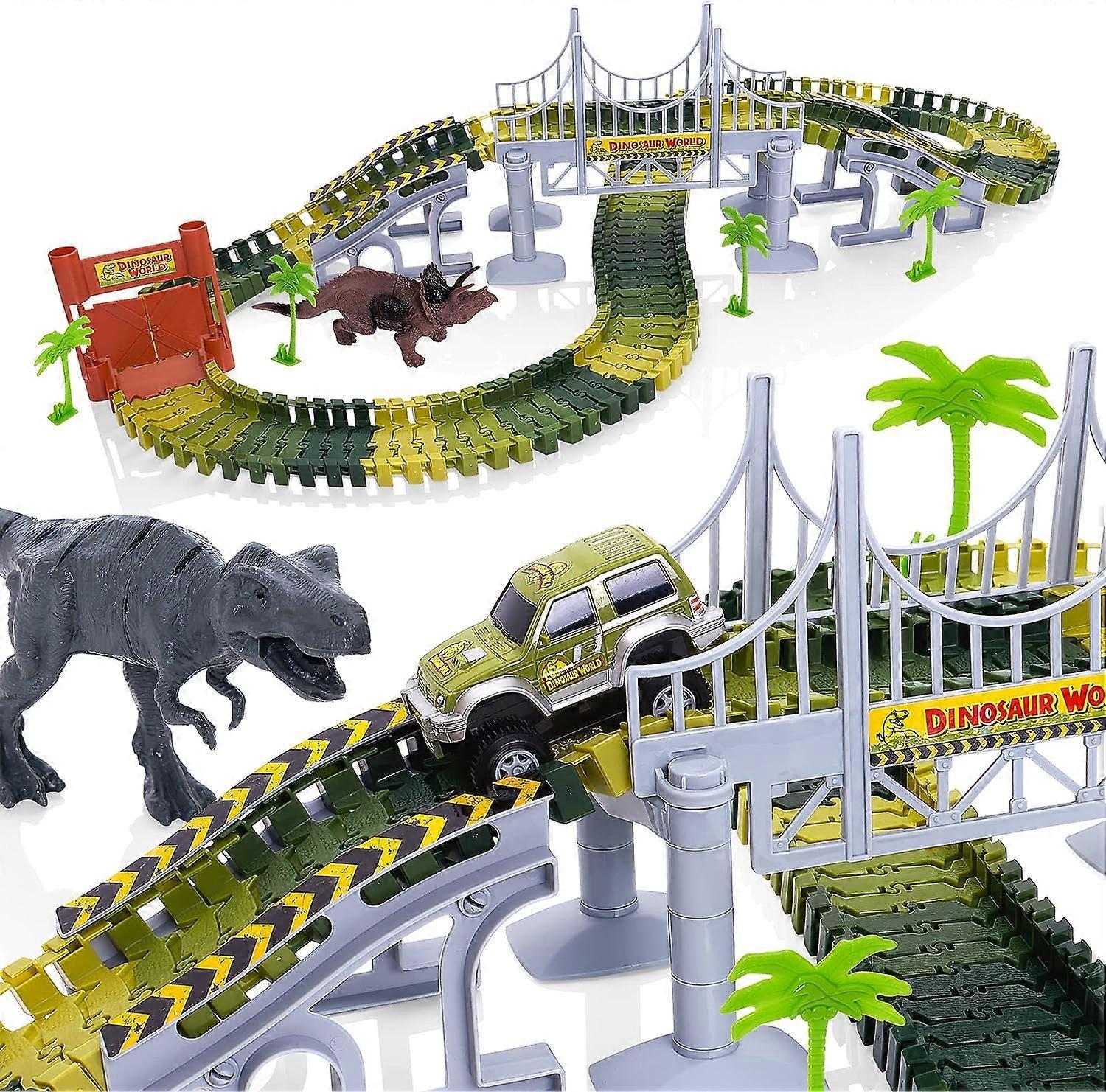 Shmshng 144pcs Dinosaur World Race Car Track Set Toy