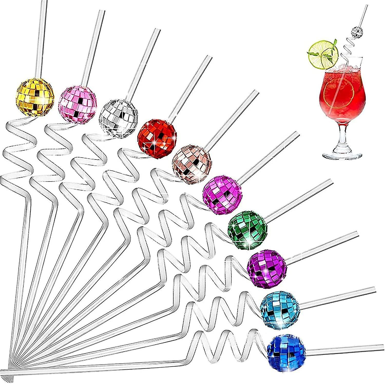 Tianzun 10pcs Mirror Disco Ball Straws, Disco Party Decorations 70s Disco Decorative Straws Disco Ball Stirrers For Dance Party Colorful