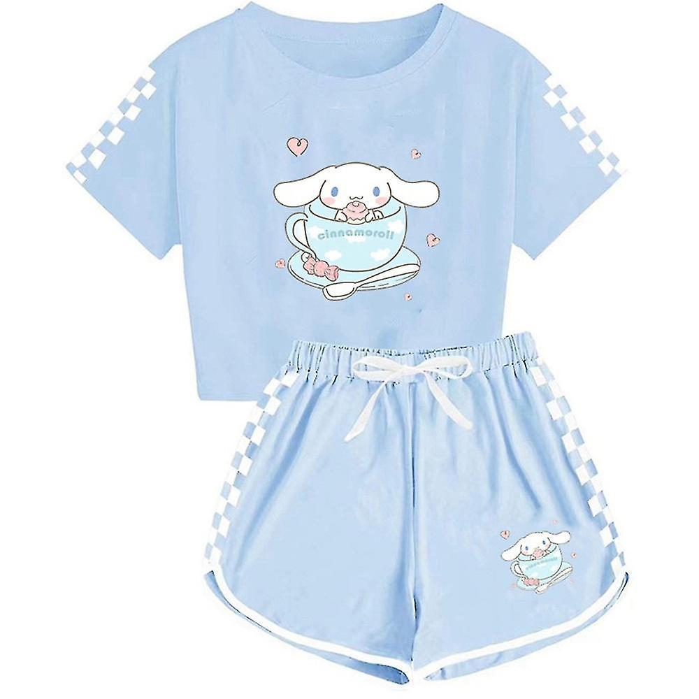 Shinestar 5-14 Years Kids Teens Girls Boys Cinnamoroll Printed Tracksuit Short Sleeve T-shirts Top+shorts Sports Outfits Set Gifts Light Blue 9-10 ...