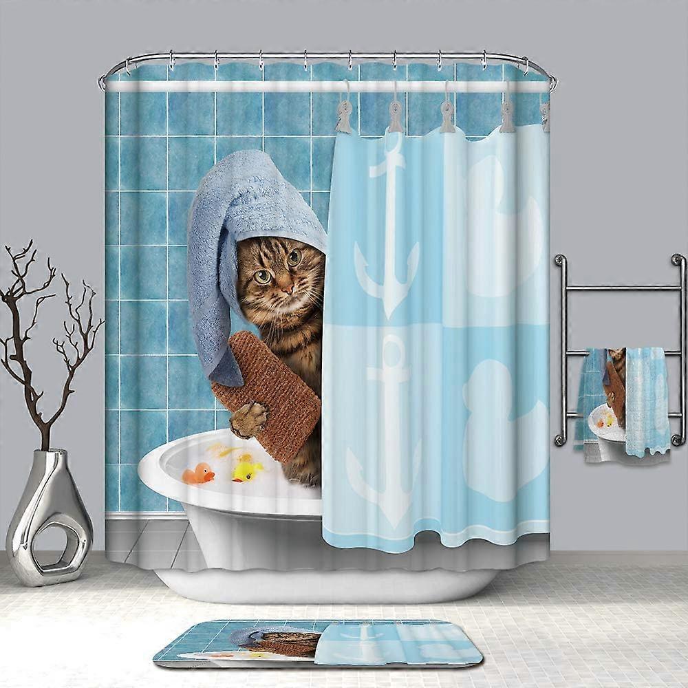 Linkrunning Mildew Resistant Shower Curtain - Shower Curtain 180x180cm - Polyester Fabric -Cute Cat Pattern Shower Curtain with 12 Hooks(180x180cm,...