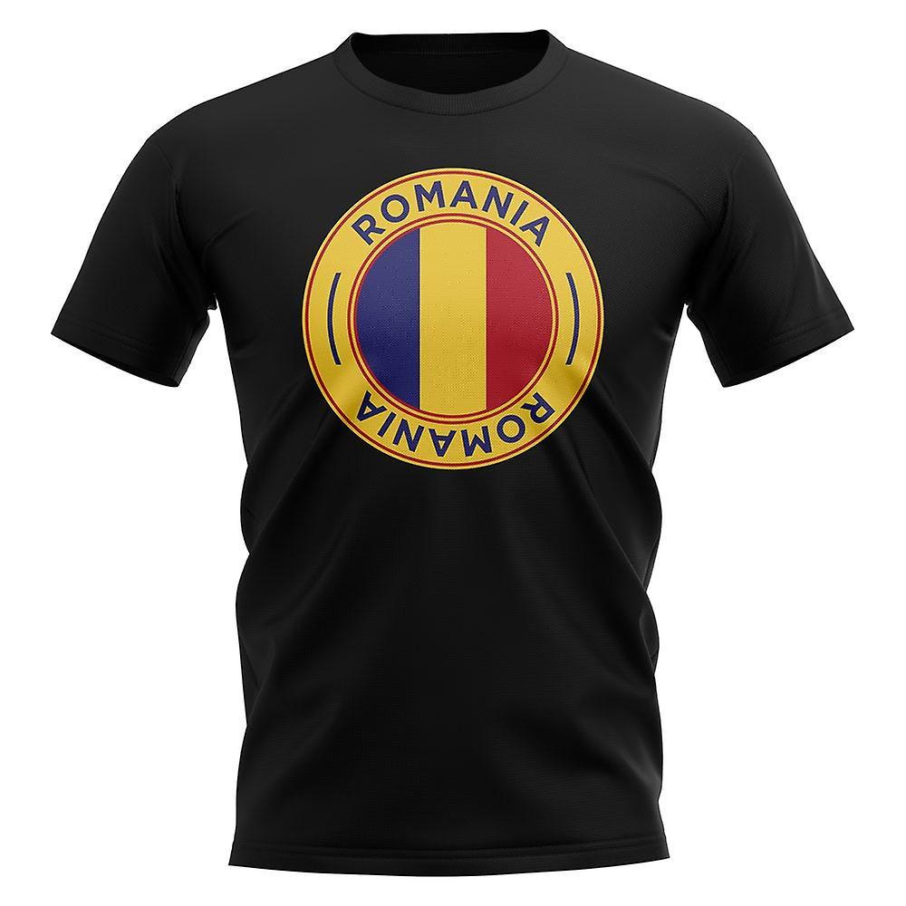 UKSoccerShop Romania Football Badge T-Shirt (Black) Womens M (Size 12 - 34 inch Chest)