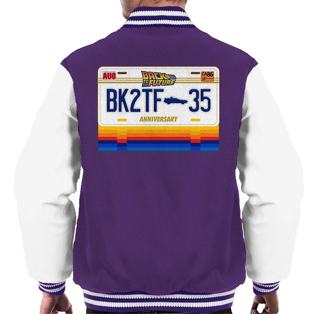 Back to the Future 35th Anniversary License Plate Design Men's Varsity Jacket Purple/White Large