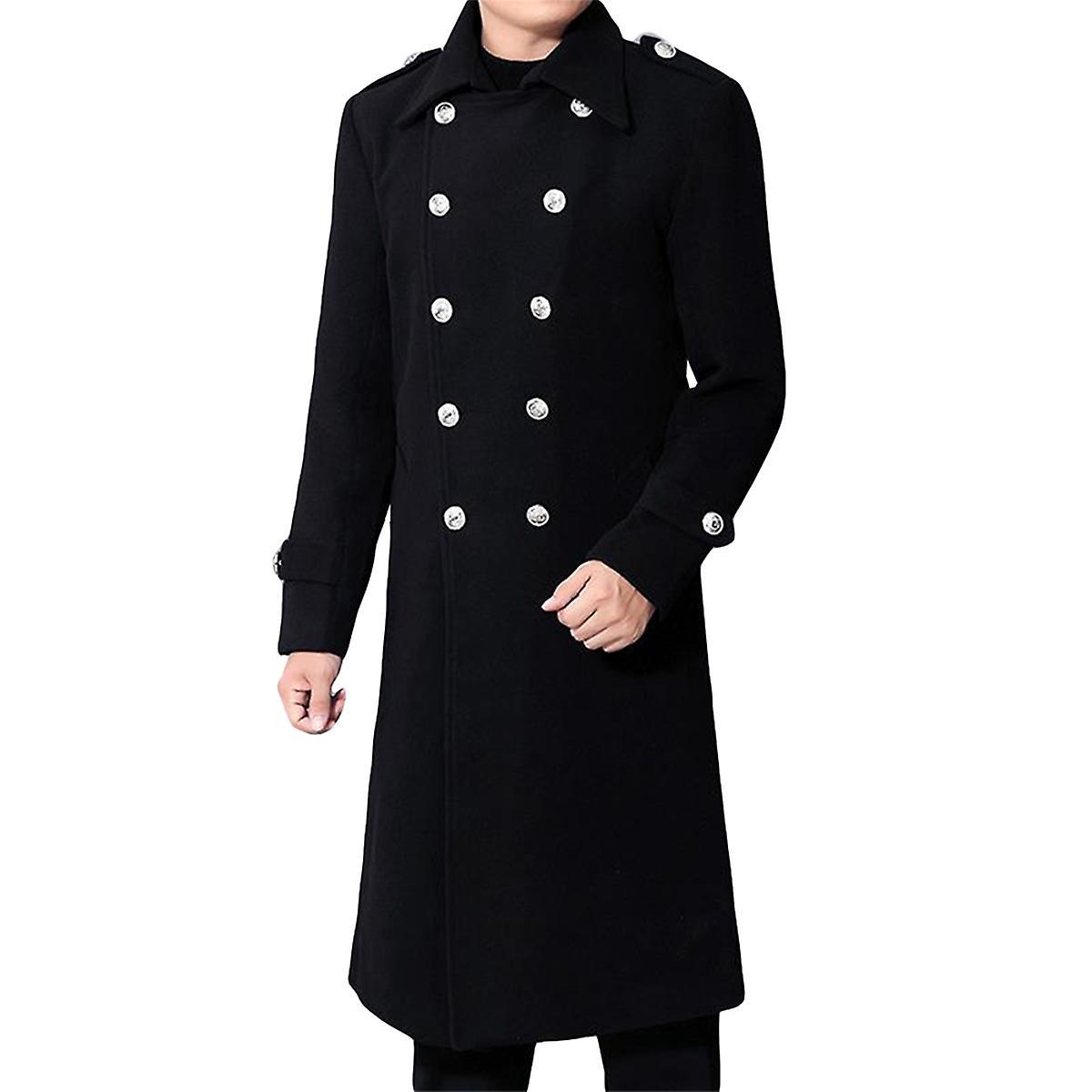 Allthemen Mens Casual Solid Color Double-breasted Lapel Mid-length Coat Black M