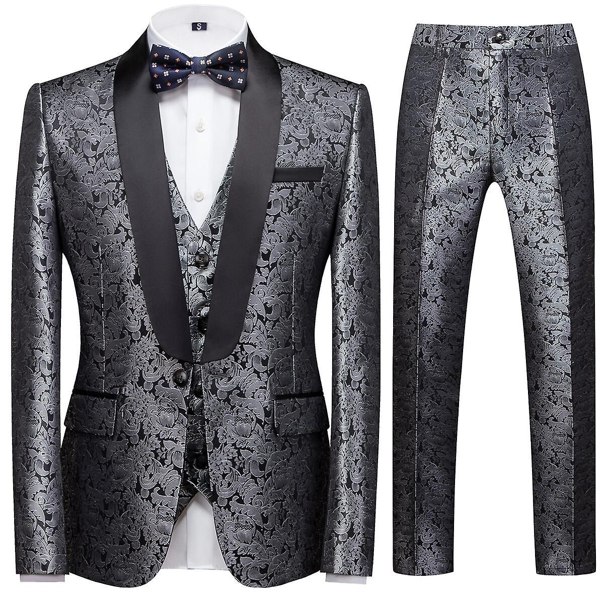 Allthemen Mens 3-Piece Suits Embroidered Jaquard Wedding Banquet One Button Slim Suits Silver XL