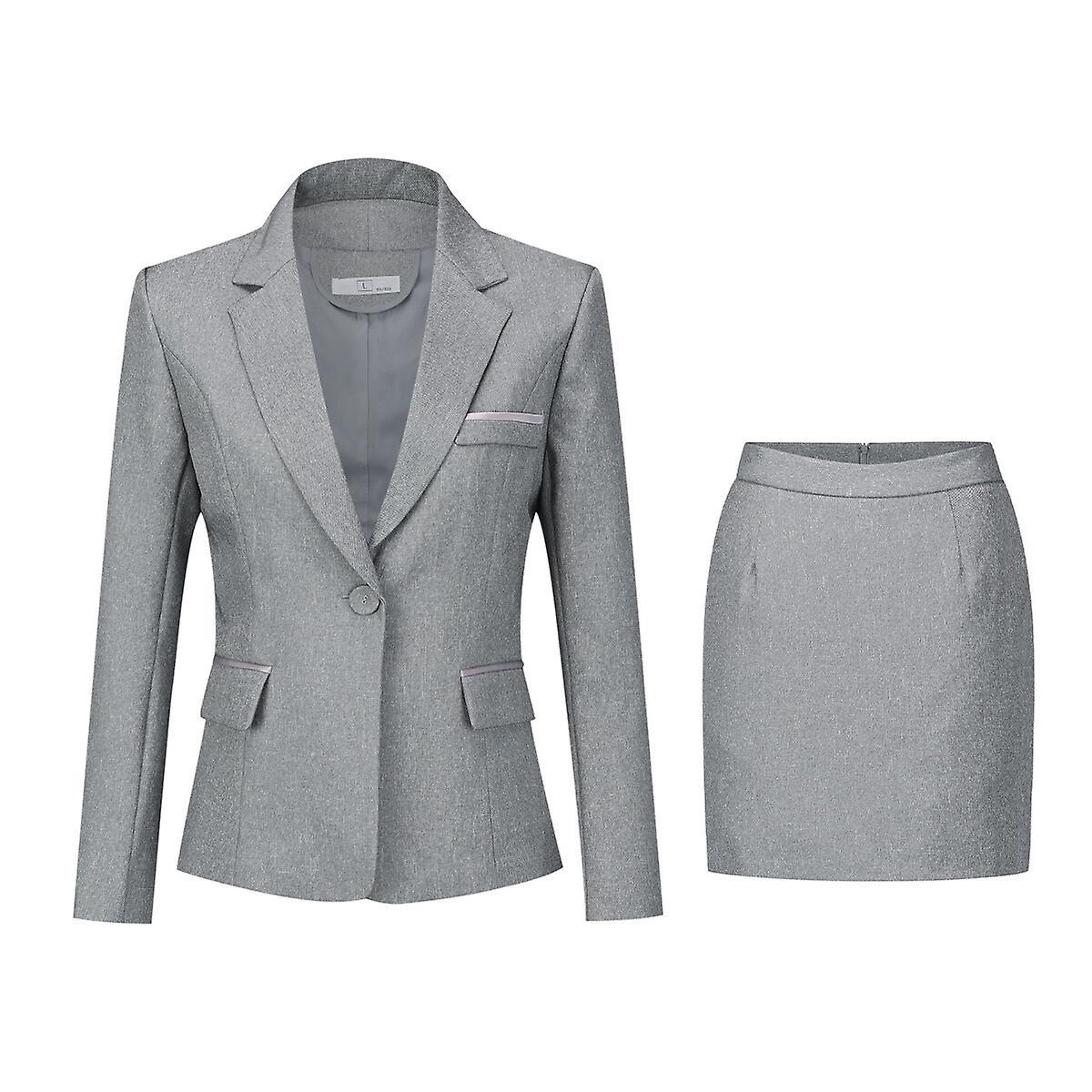 Allthemen Womens 2-Piece Business Formal One Button Slim Suit Jacket & Skirt Gray L