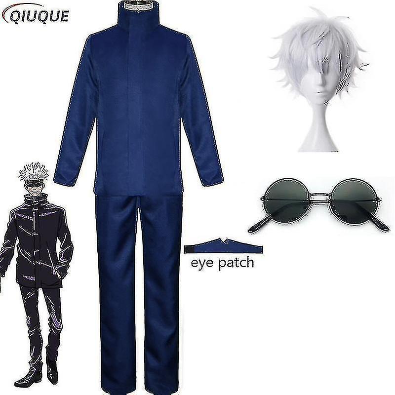 Cryin 2023-anime Jujutsu Kaisen Gojo Satoru Cosplay Costume Tops Pants Eye Patch Halloween Party Men Uniform Wigs-1-1 Blue Package 4 L