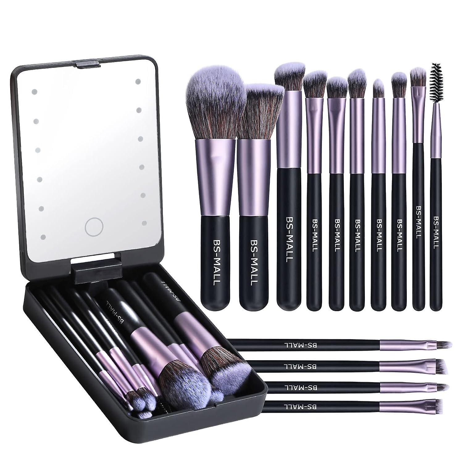 Ubiuo Travel Makeup Brush Set Foundation Powder Concealers Eye Shadows Makeup Set With Led Light Mirror 14 Pcs (purple)