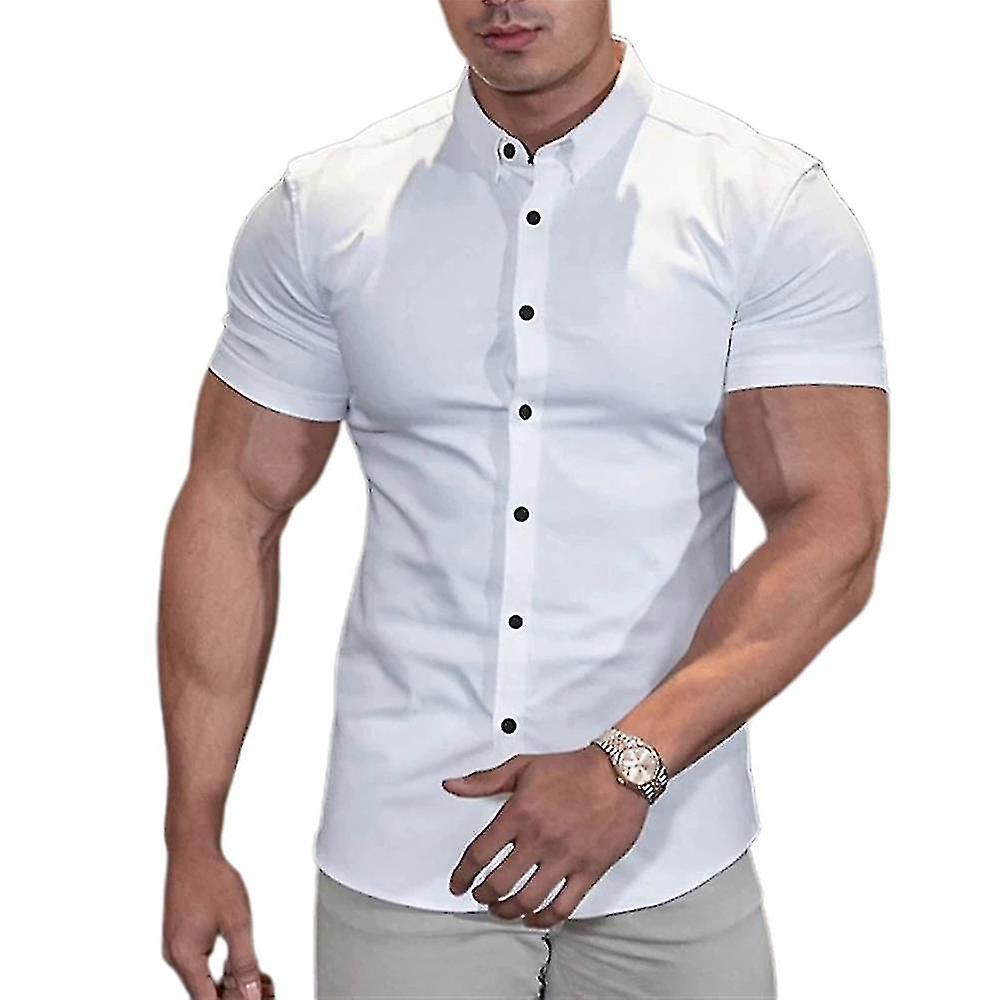 Set Sail Men's Plain Muscle Fit Dress Shirts Short Sleeve Casual Athletic Button Shirts White M