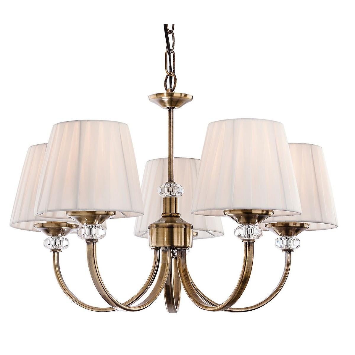 Langham 5 Light Multi Arm Chandelier Antique Brass Pleated Cream Shades E14