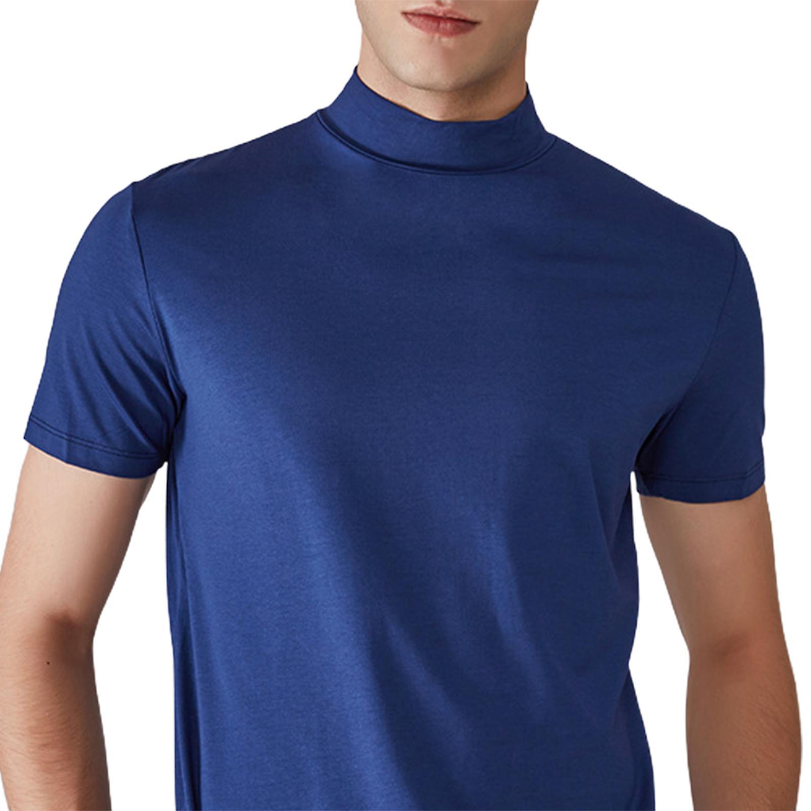 Fianao Men Half High Collar Slim Fit T-shirt Summer Casual Short Sleeve Solid Color Elastic Thin Pullover Tee Shirt Blue L