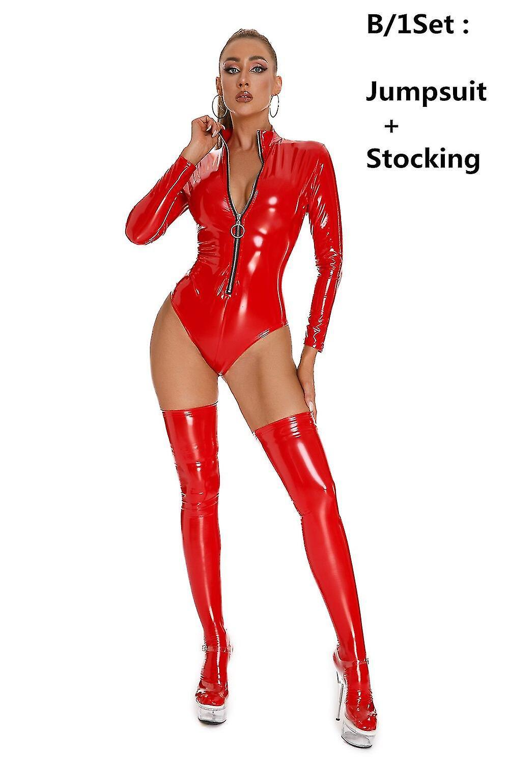 Cryin Black Wetlook Faux Leather Long Sleeve Zipper Pvc Bodysuit With Stocking Sexy Lingerie Latex Catsuit Fetish Wear Sexy Costumes XL Red-B