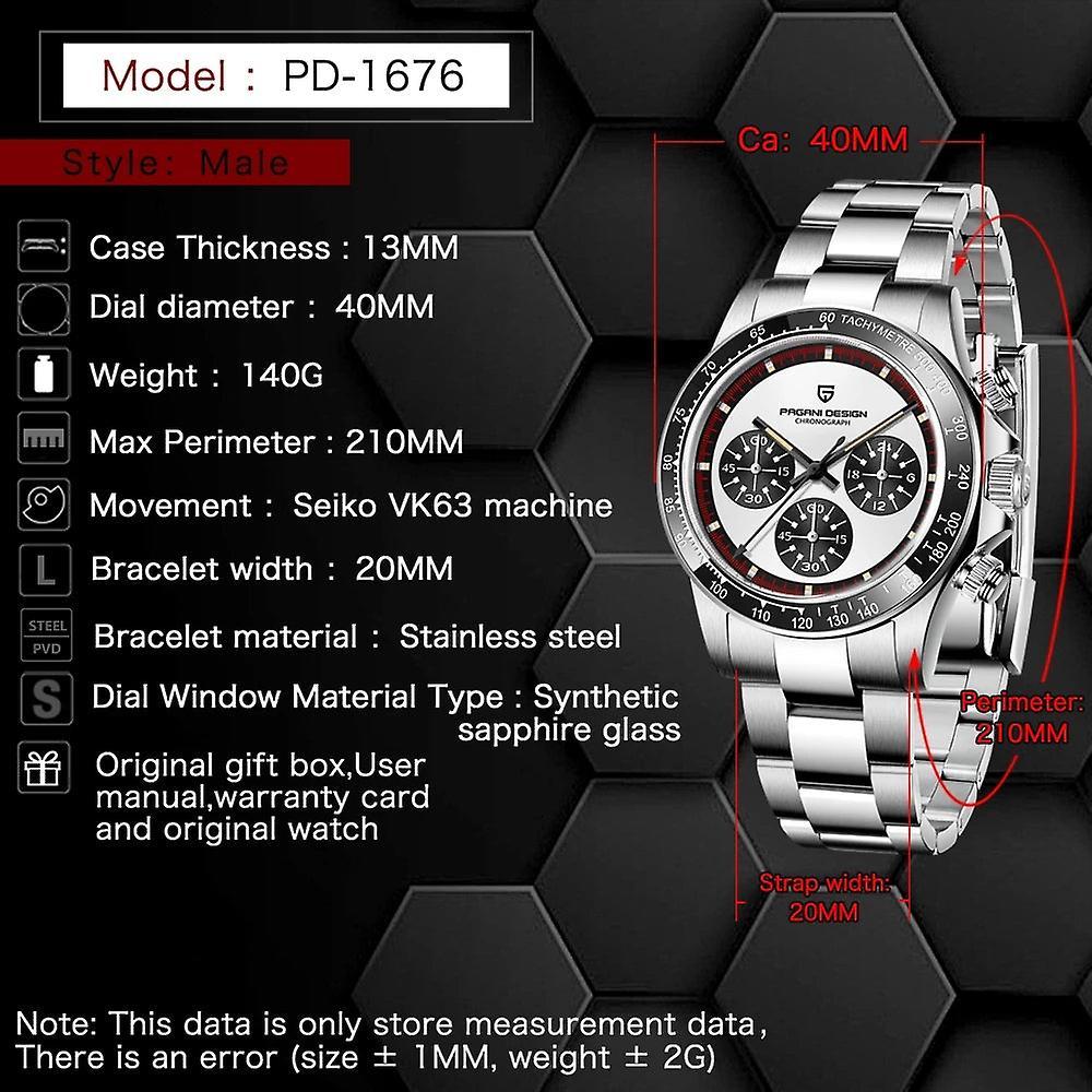 mickcara Pagani Design New Classic Men's Quartz Watches Ceramic Bezel Stainless Steel Waterproof Clock Luxury Sapphire Glass Chronograph Silver whitel