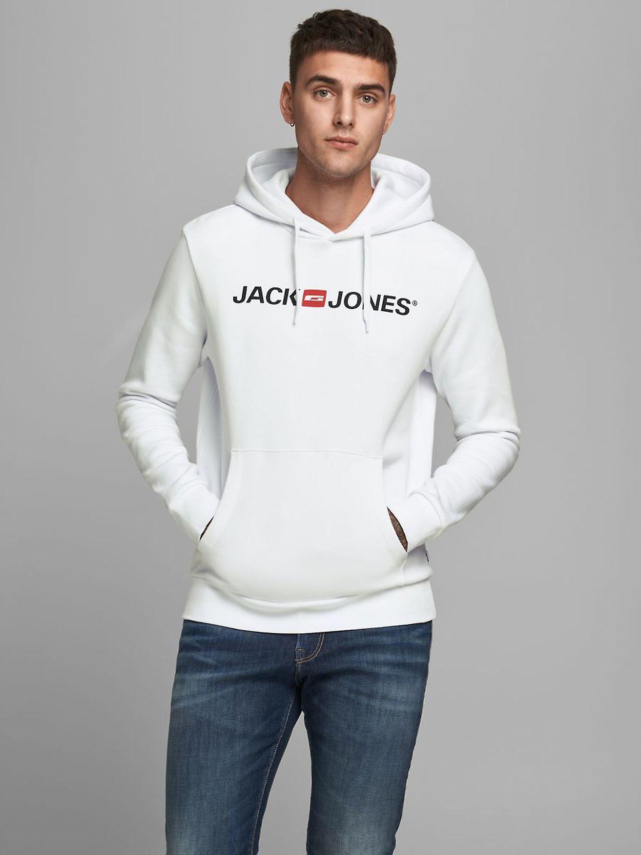 Men Jack & Jones Company Logo Hooded Sweatshirt Basic Jumper Sweat White M