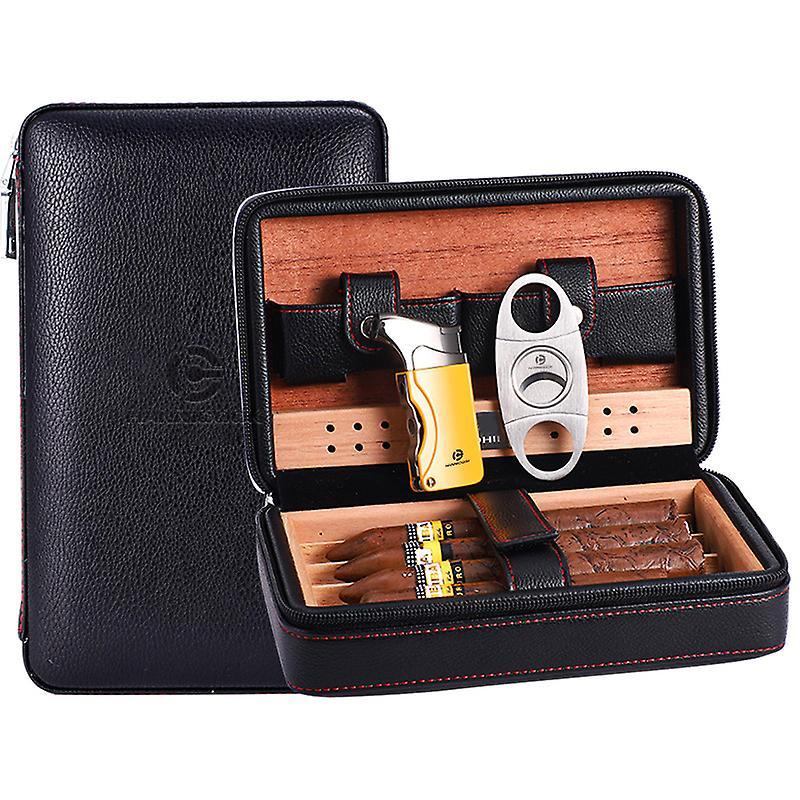 Le Contente Cigar Case Set Cedar Wood Humidor Portable Leather Cigar Box With Lighter Cigar Guillotine Black