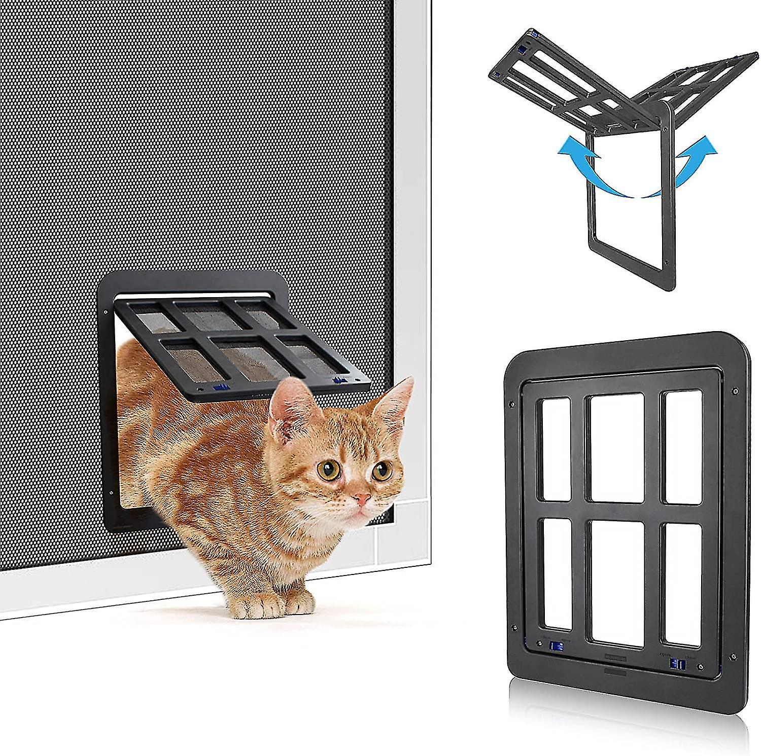 Tianzun Cat Flap, Fly Screen Automatic Closure Dog Flap With Magnets, Fly Screen Balcony Door With Cat Flap Pet Flap Black L - 34 x 44 cm