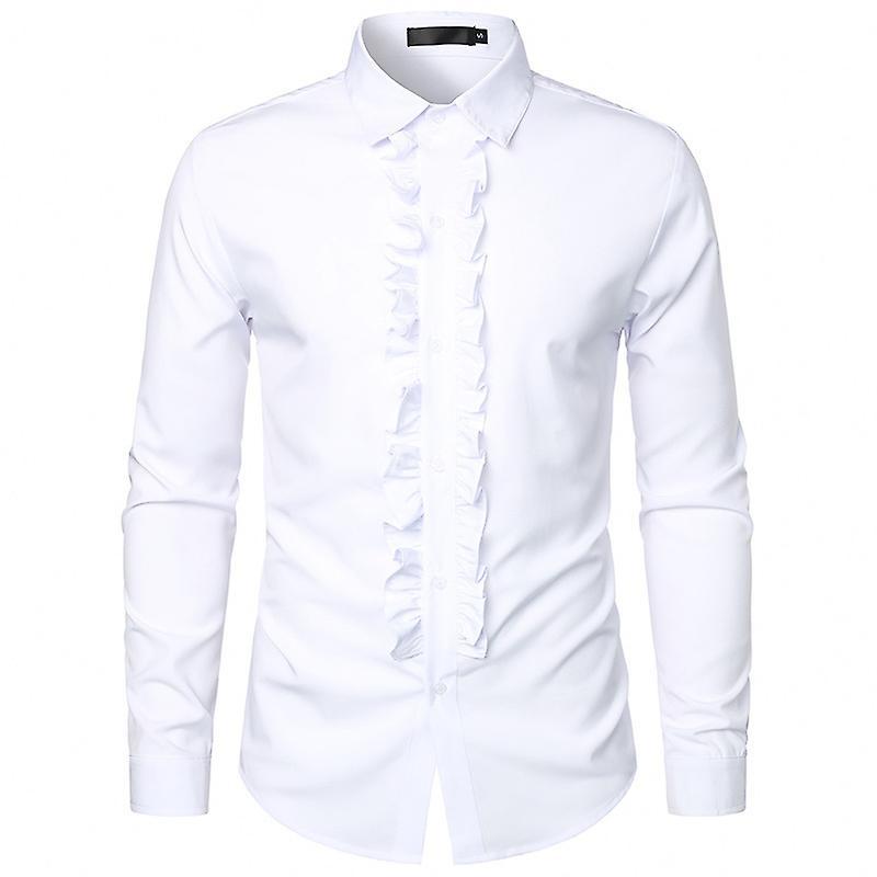 Jielin Men's Tuxedo Shirts Slim Fit Ruffled Wedding Dinner Tops Shirts WHITE L