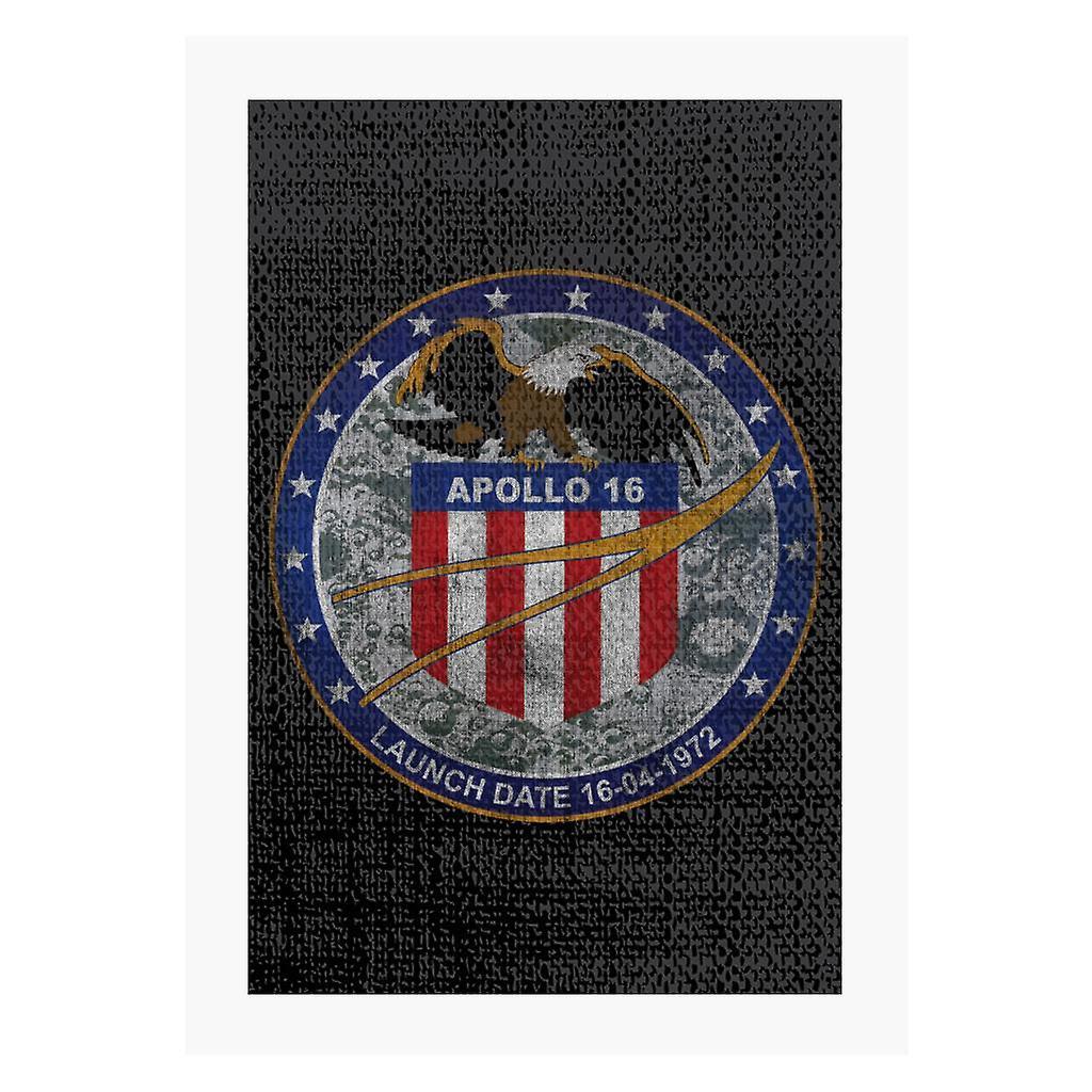 NASA Apollo 16 Mission Badge Distressed A4 Print Black 21cm x 29.7cm