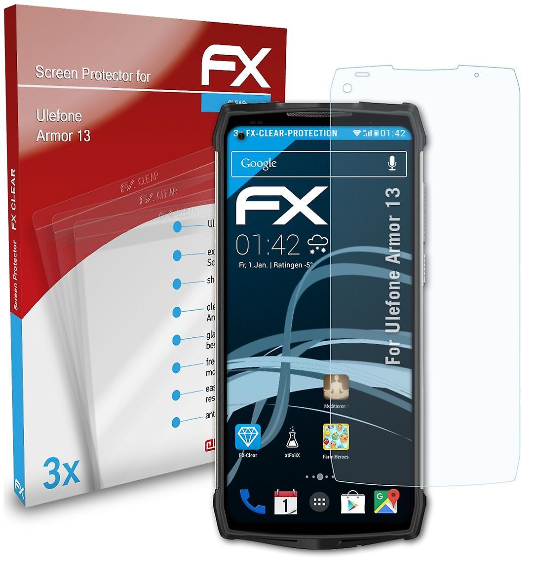 atFoliX 3x protective film compatible with Ulefone Armor 13 screen protector clear 01 FX-CLEAR