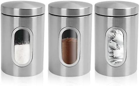 Tinor Kitchen Canister Set 3 Piece Stainless Steel Coffee Tea Sugar Clear With Glass Viewing Window & Airtight Lids For Kitchen