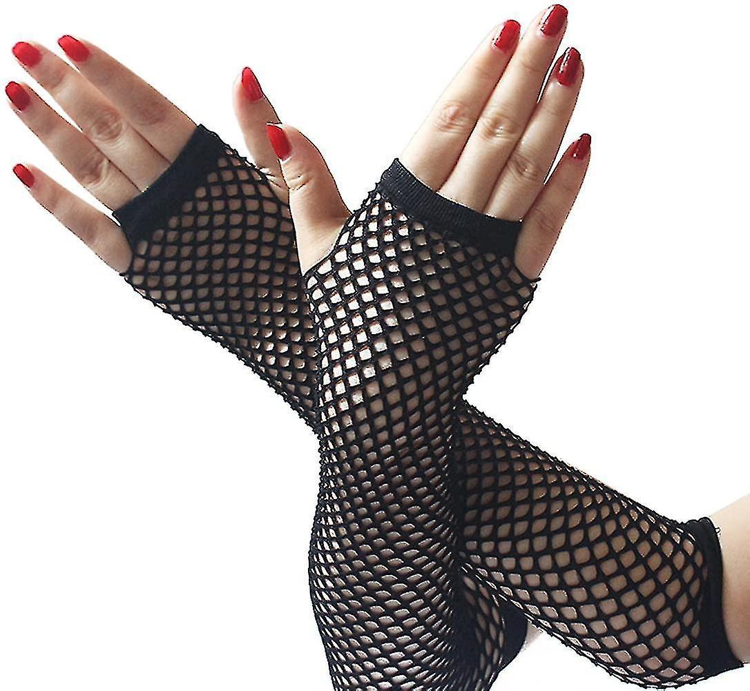 Ceisv 1 Pair Long Fishnet Gloves Elbow Length Fingerless Fishnet Gloves For Women Girls 80s Cost black