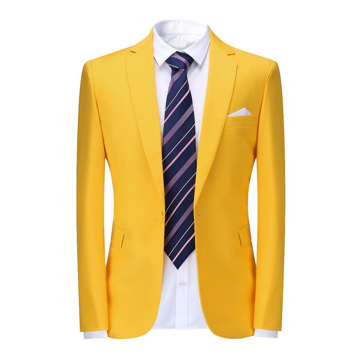 Allthemen Mens Business Wedding Blazer Solid Color Slim Fit Suit Jacket Yellow L