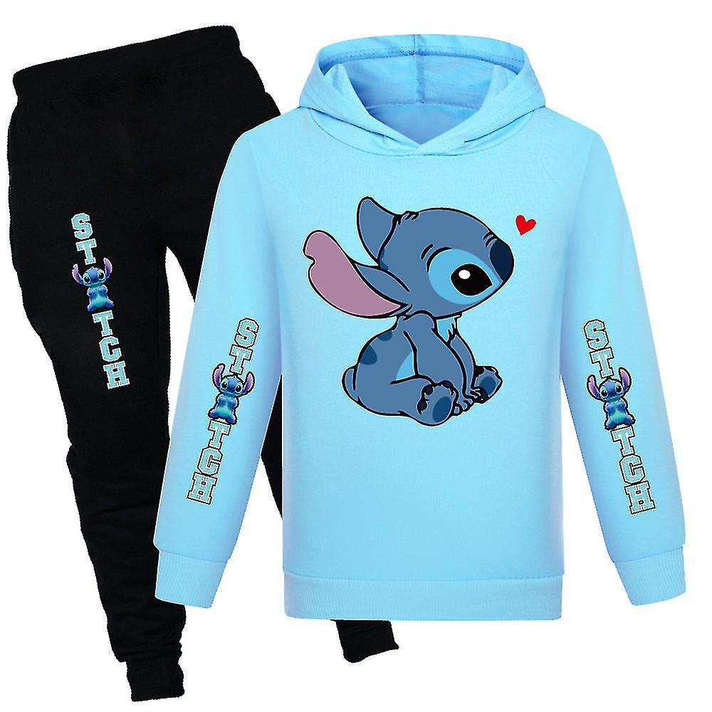 Hcankcan Lilo & Stitch Print Kids Tracksuit Set Boys Girls Casual Hooded Sweatshirt Hoodie Jogger Pants Outfit Activewear Suit Light Blue 9-10 Years