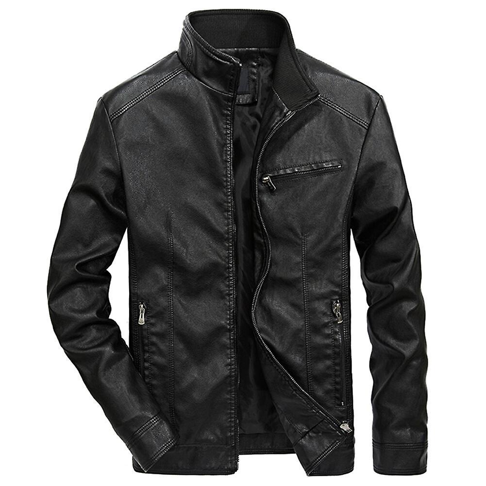 Allthemen Mens Casual Stand Collar Solid Leather Jacket Black XL