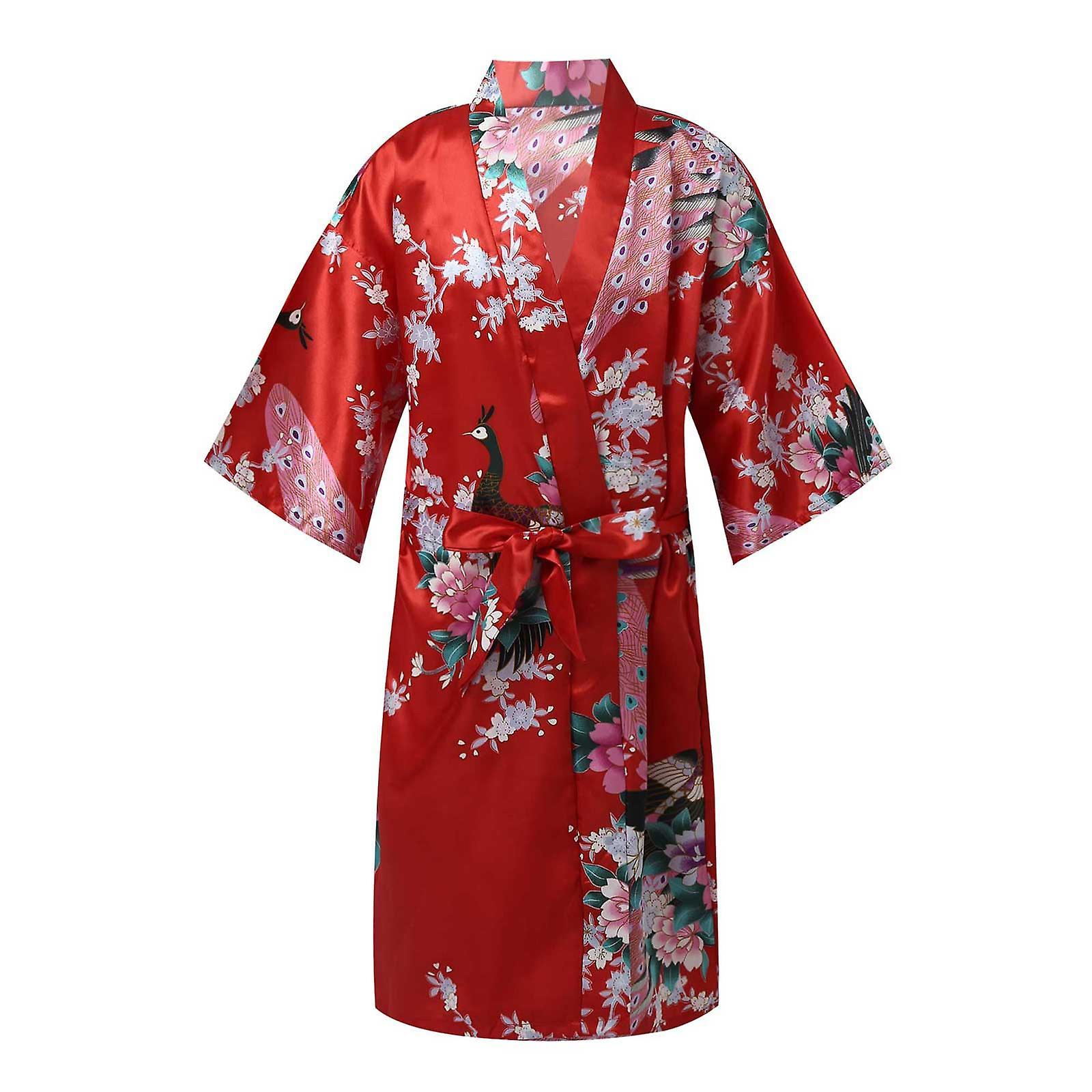 Htclv Girls Satin Kimono Robes For Kids Children Teens Floral Sleepwear Peacock Flower Bathrobe For Spa Wedding Birthday Nightgown Red 10