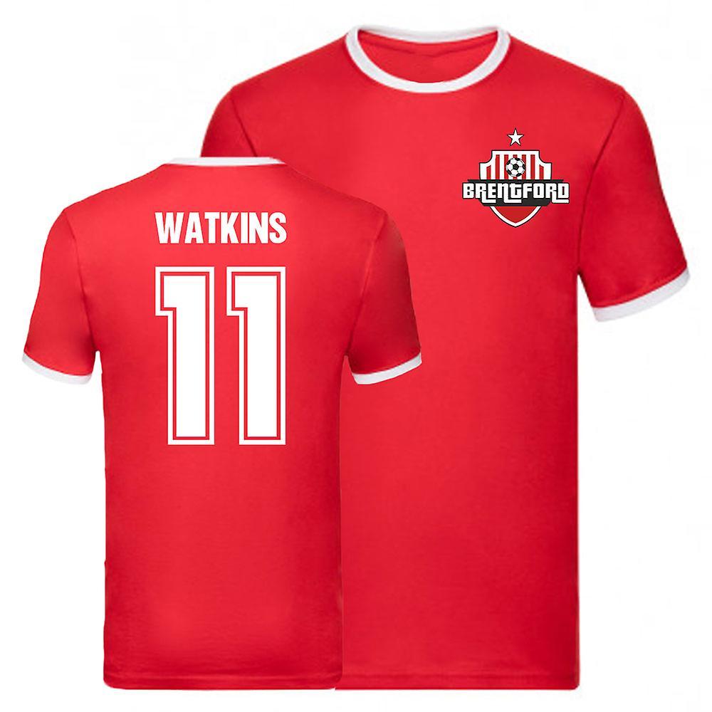 UKSoccerShop Ollie Watkins Brentford Ringer Tee (Red) Medium (38-40 inch)