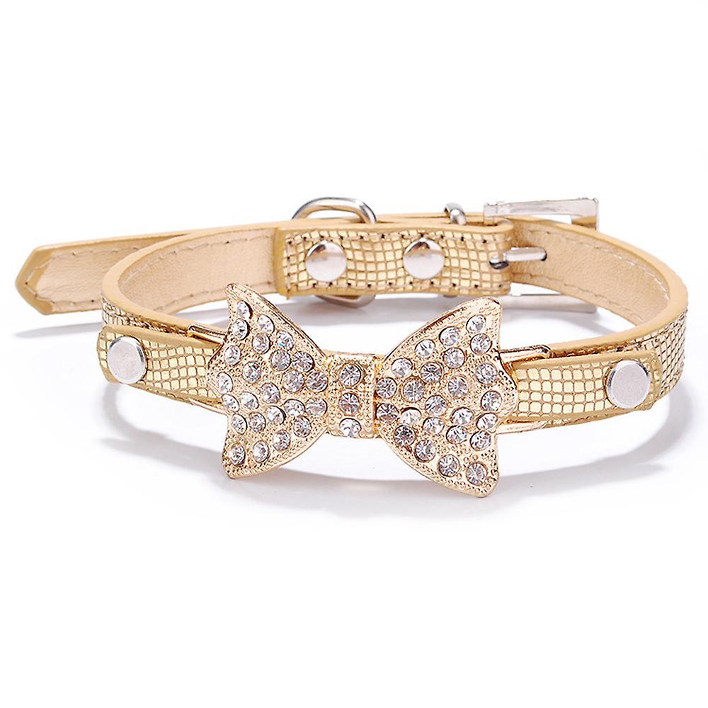 Sunrain Diamond-plated Leather Fashion Collar With Rings For Tagged Puppy, Cat Gold XS