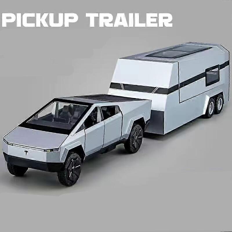 Toy Cars 1/32 Tesla Cybertruck Pickup Trailer Alloy Car Model Diecasts Metal Toy Off-road Vehicles Truck Model Sound and Light Kids Gifts Silvery