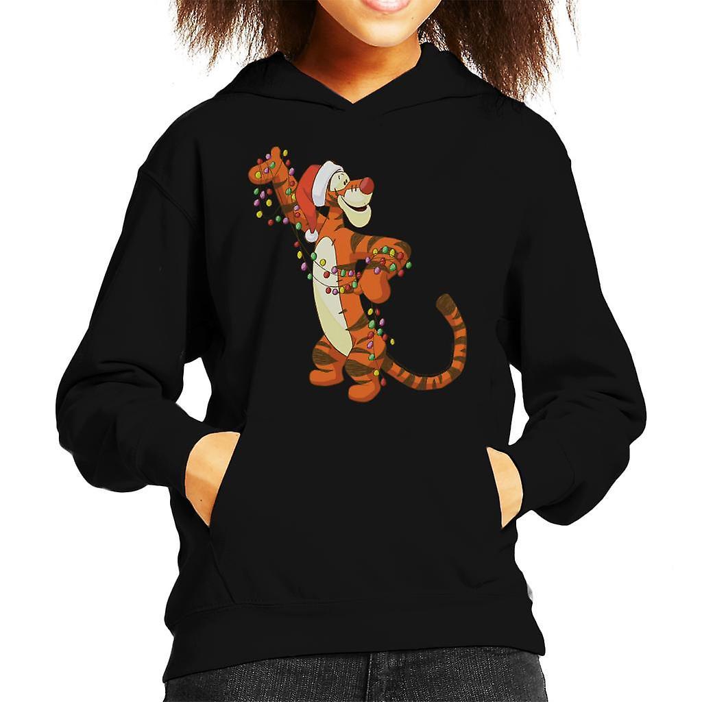 Disney Christmas Tigger Holding Festive Lights Kid's Hooded Sweatshirt Black Medium (7-8 yrs)