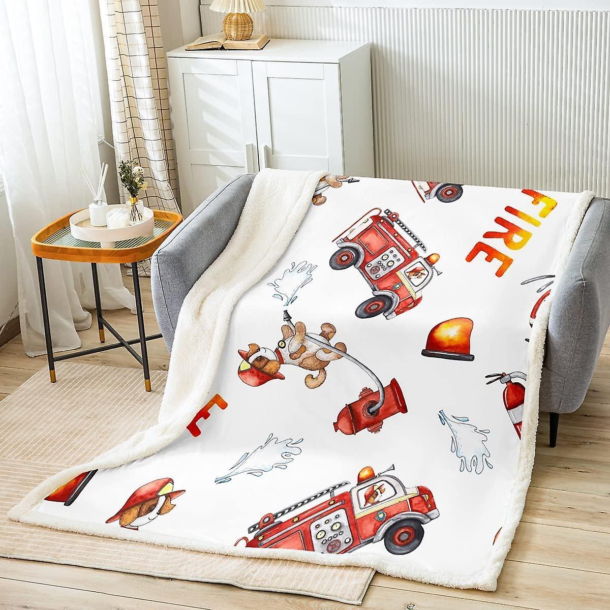 Kerota Fire Truck Fleece Throw Blanket Kawaii Car Bear Sherpa Blanket for Bed Sofa Firefighter Room Firemen Car Vehicle Plush Blanket Fire Engine F...