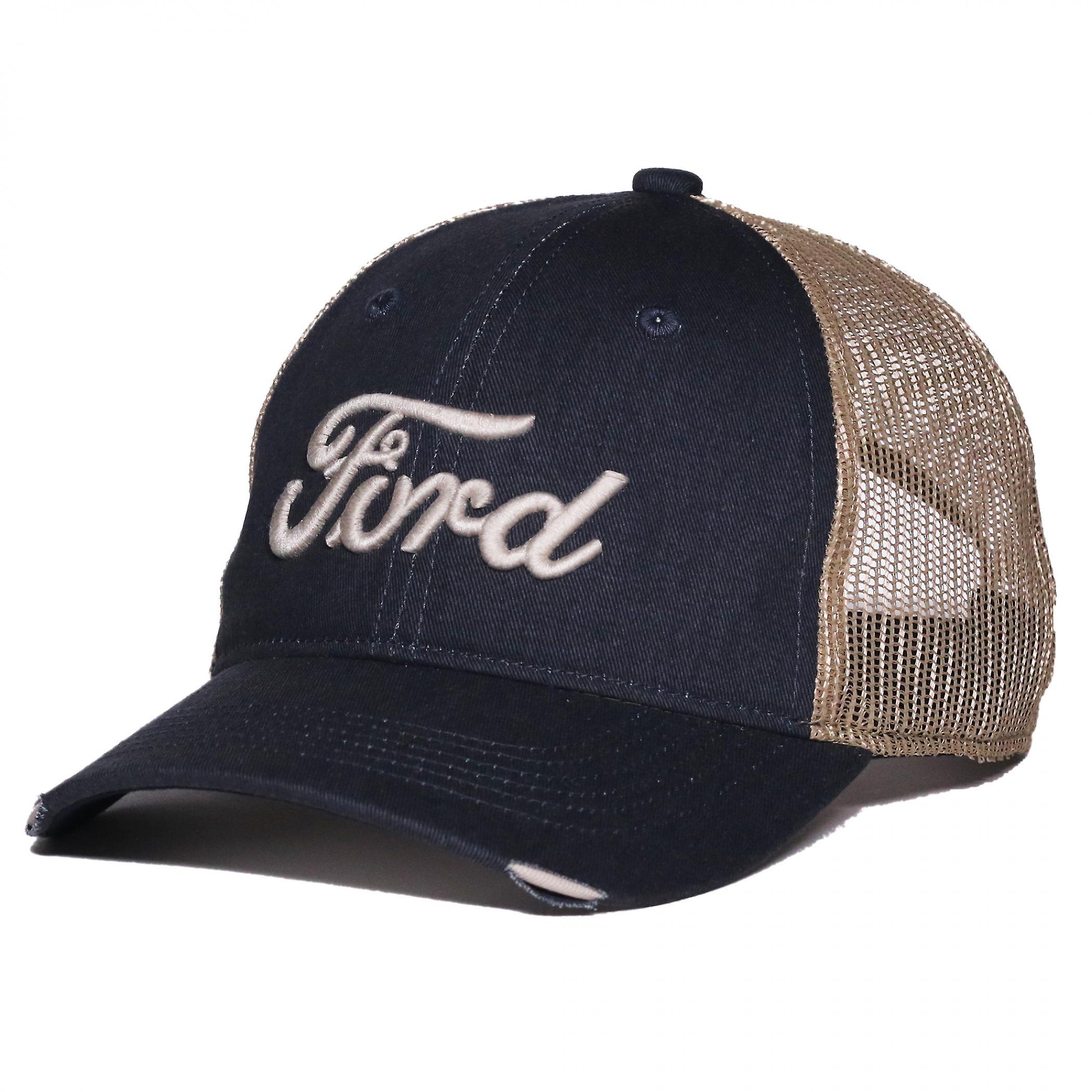 Pop Culture Ford Logo Tea Stained Worn Pre-Curved Adjustable Trucker Hat Blue