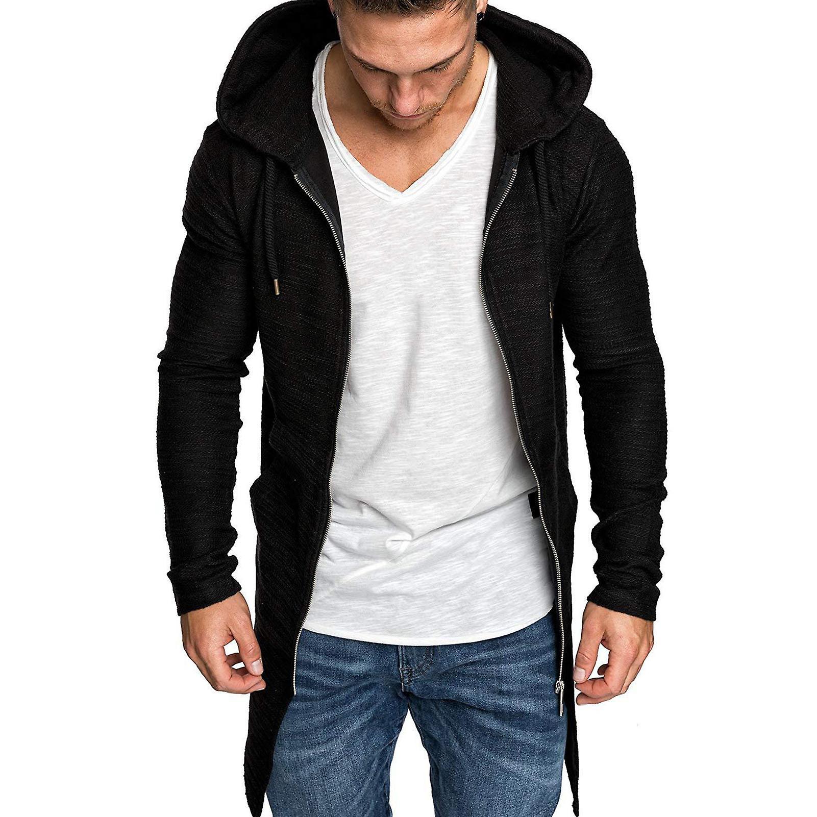 Fianao Men Coat Solid Color Cardigan Slim Long Spring Jacket for Daily Wear Black L